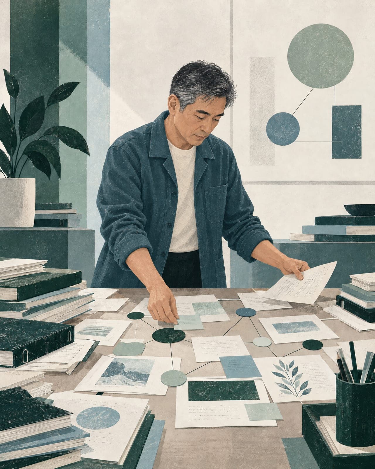 Illustration of an educator arranging pages and notes into one connected map across a worktable
