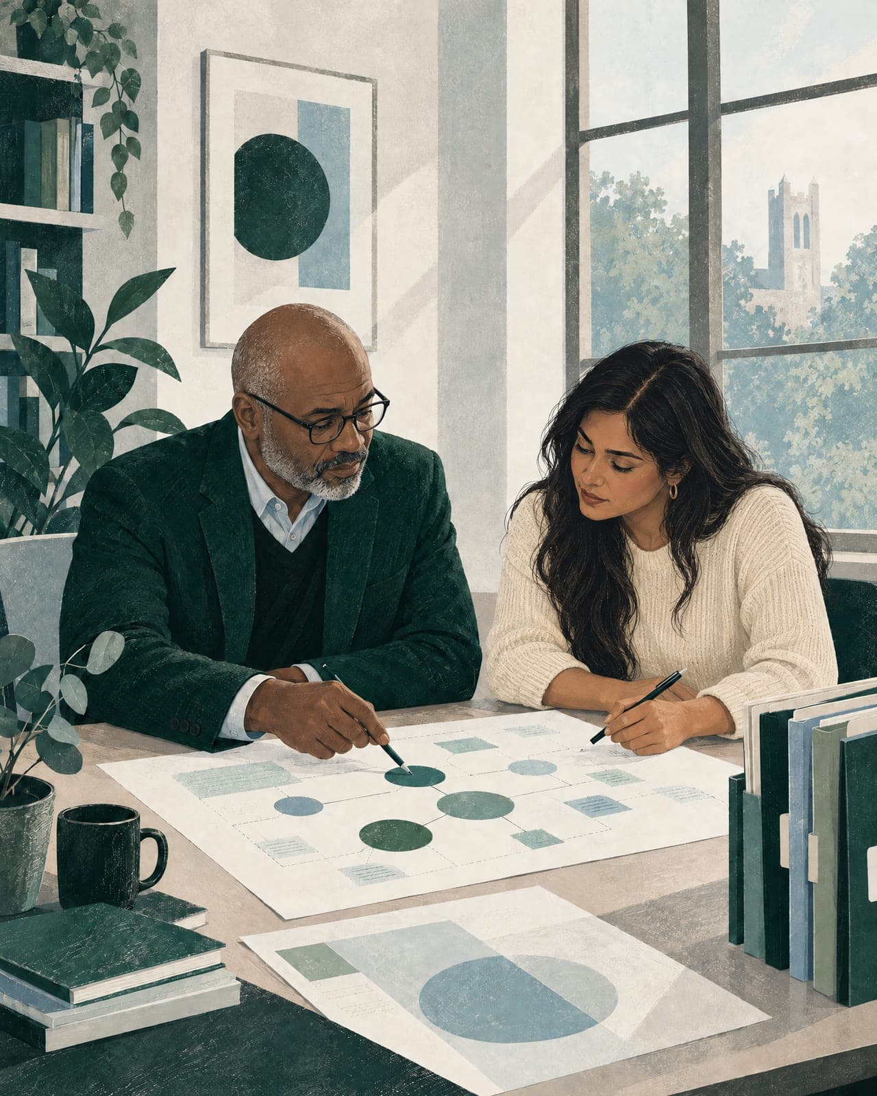 Illustration of two colleagues reviewing a program map at a desk beside a row of folders