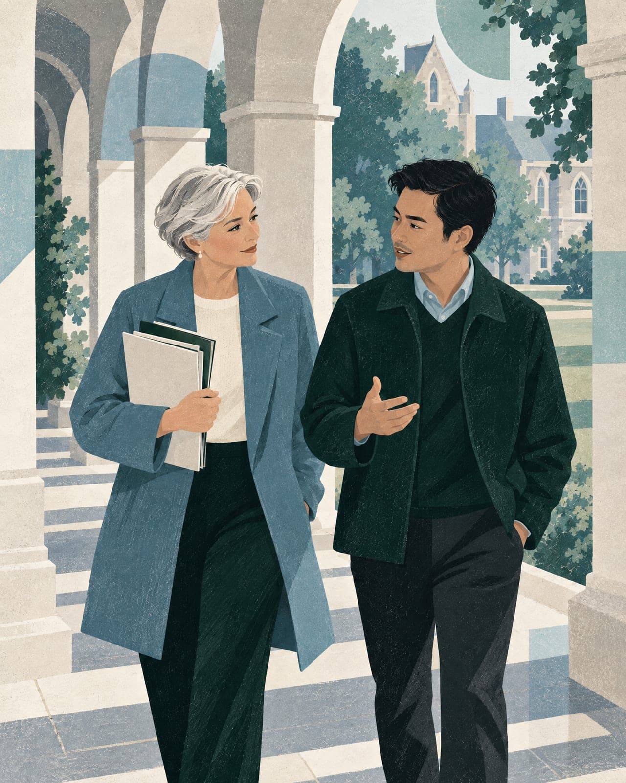 Illustration of a department chair and a faculty colleague walking along a campus colonnade, one carrying a stack of folders