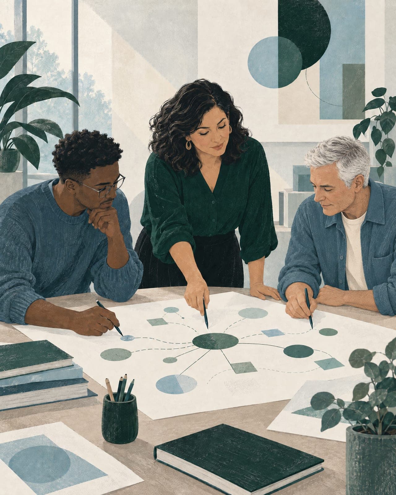 Illustration of three colleagues tracing paths outward from one shared map on a table