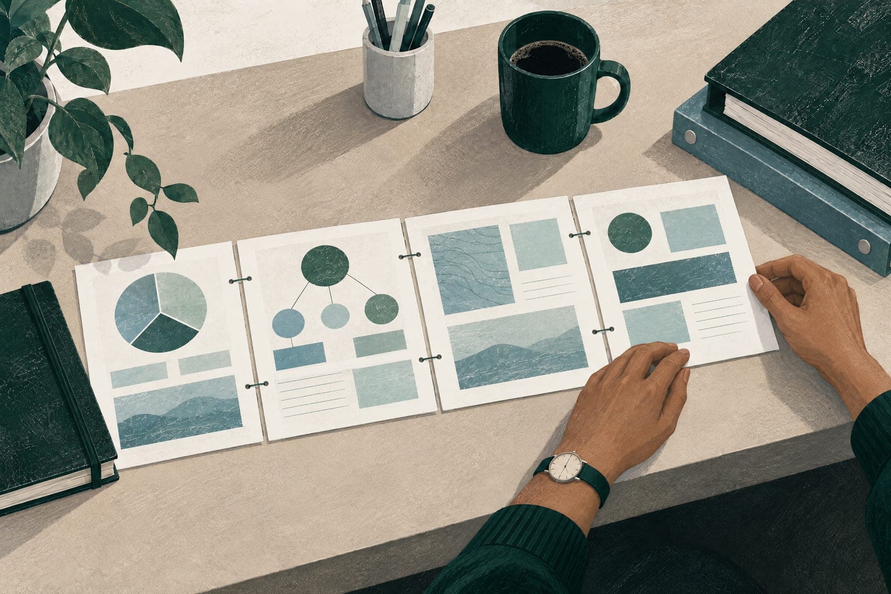 Illustration of the same desk with the pages joined in one ordered row as the educator places the last one