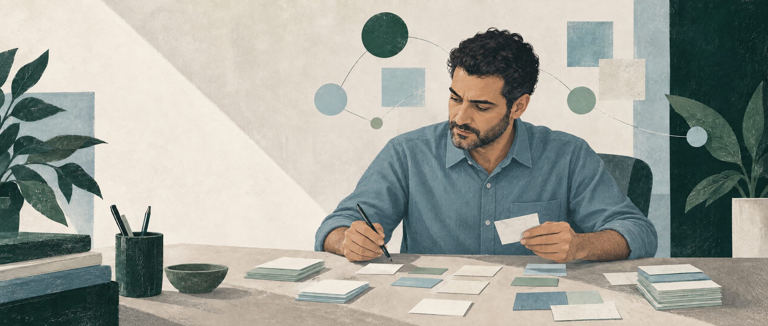 Illustration of an educator at a desk sorting small cards, pen in hand, with soft shapes drifting above