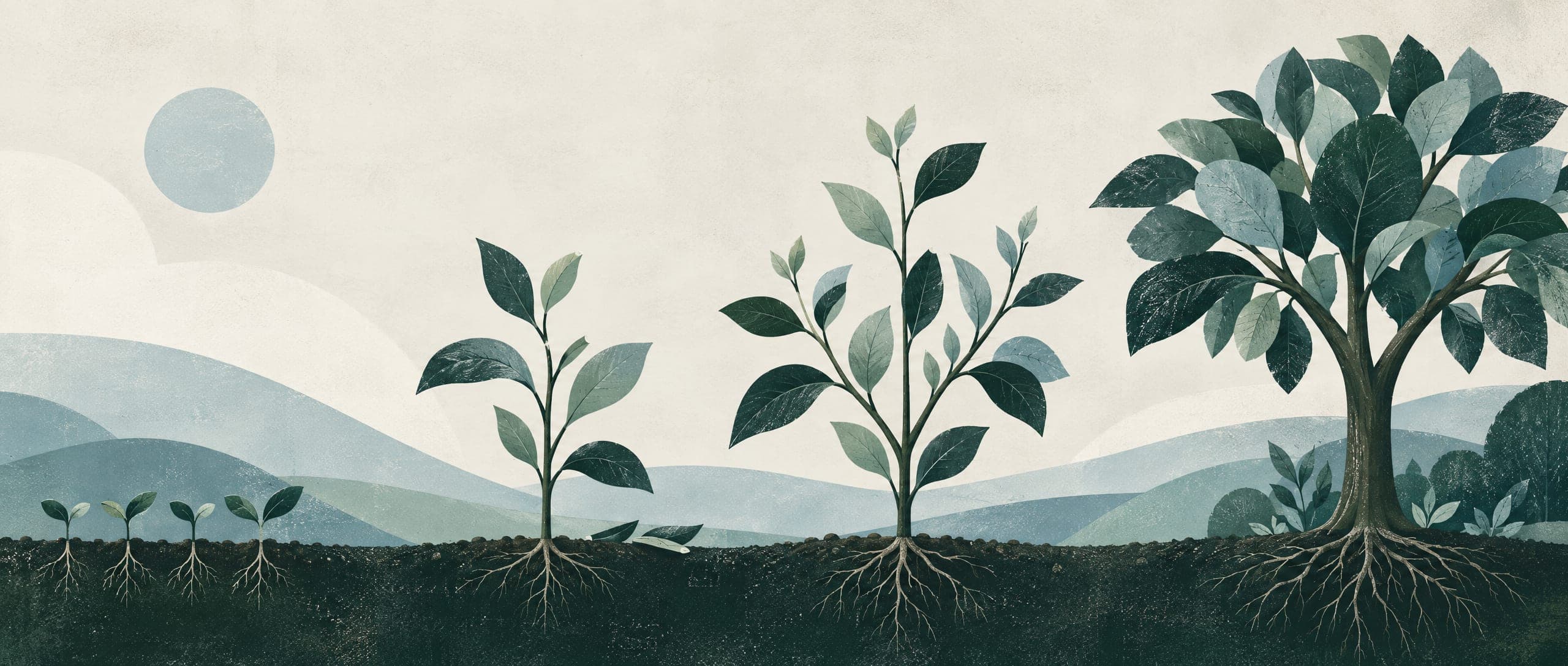 Illustration of four plants in a row on one line of ground, from seedlings to a full tree
