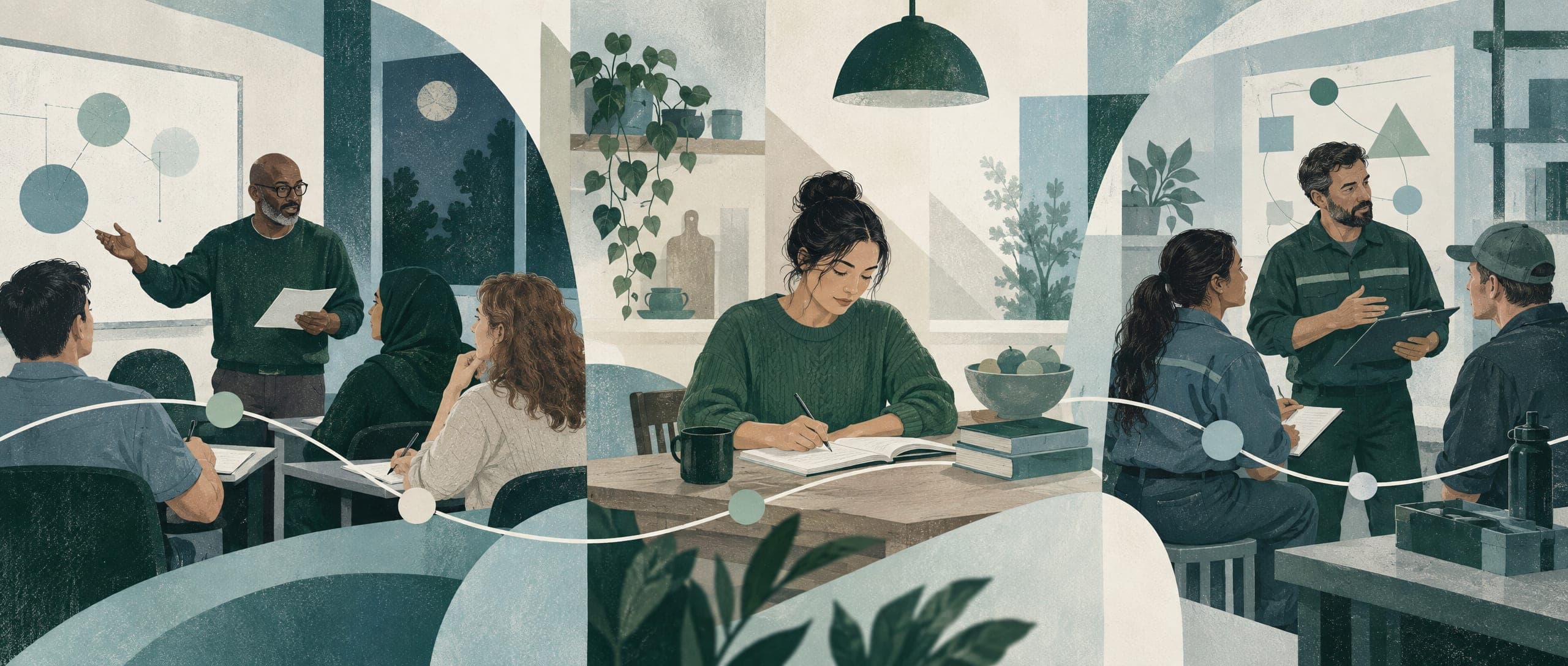 Illustration of three places people learn, joined by one path: an evening class, a kitchen table and a workplace training room