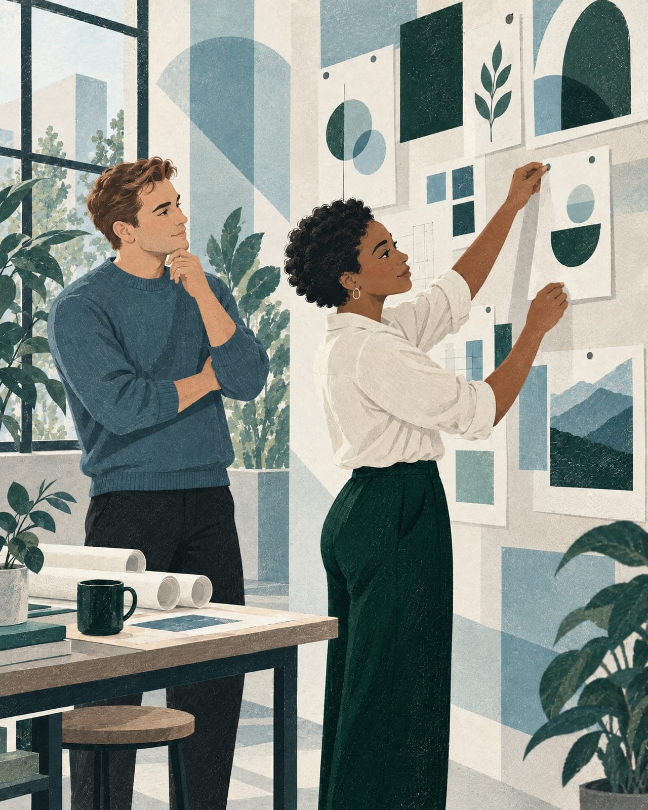 Illustration of two colleagues at a studio wall of pinned sketches, one pinning up a new sheet