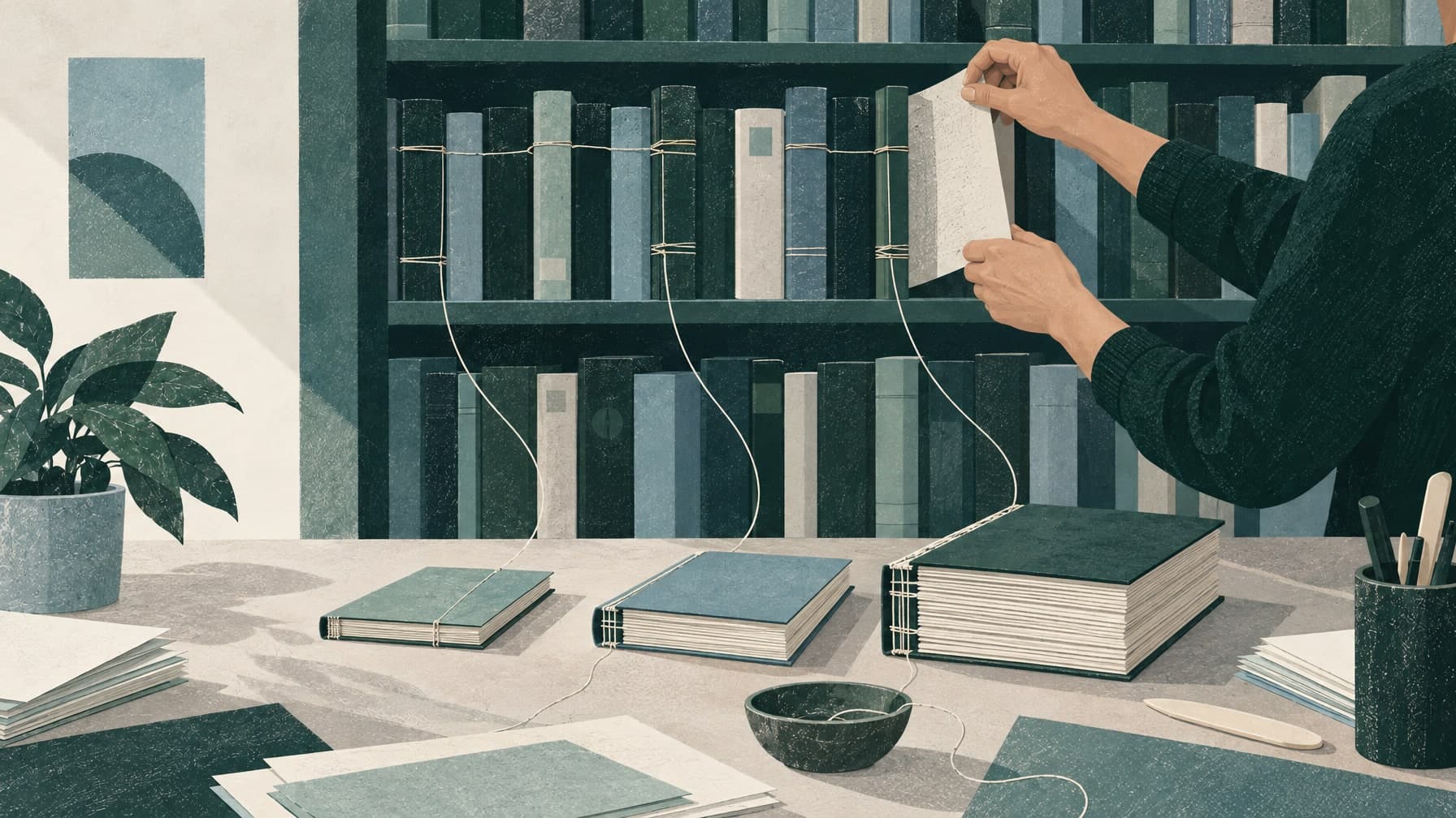 Illustration of a library shelf of bound volumes linked by fine threads to three new volumes of different sizes taking shape on a worktable below